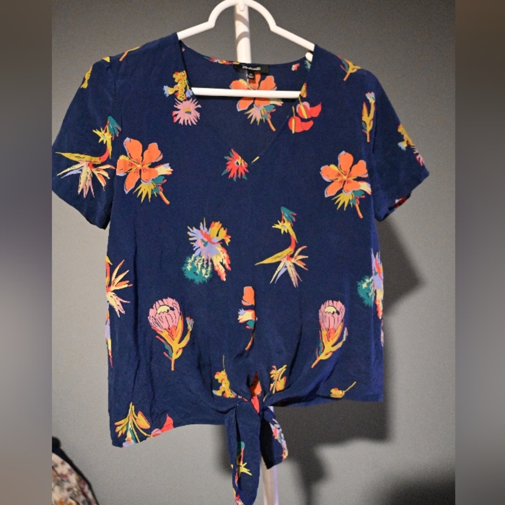 Madewell Silk Navy Tie Front Blouse Bird Of Paradise V-Neck Womens Size XS